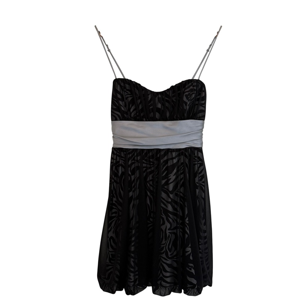 Speechless Y2K Black Zebra Print Mesh Bubble Mini Dress Silver Bow Back